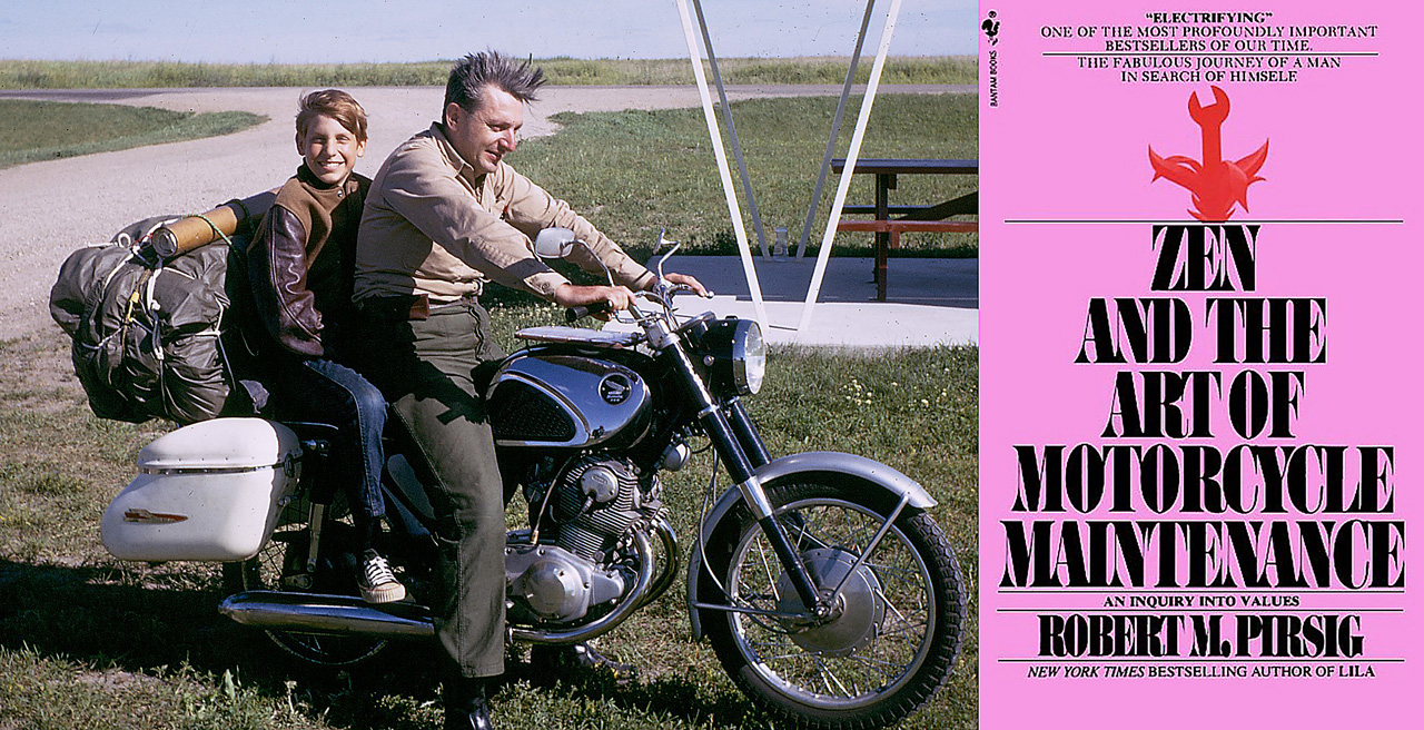 Robert M. Pirsig and his son on the original motorcycle, alongside Zen and the Art of Motorcycle Maintenance
