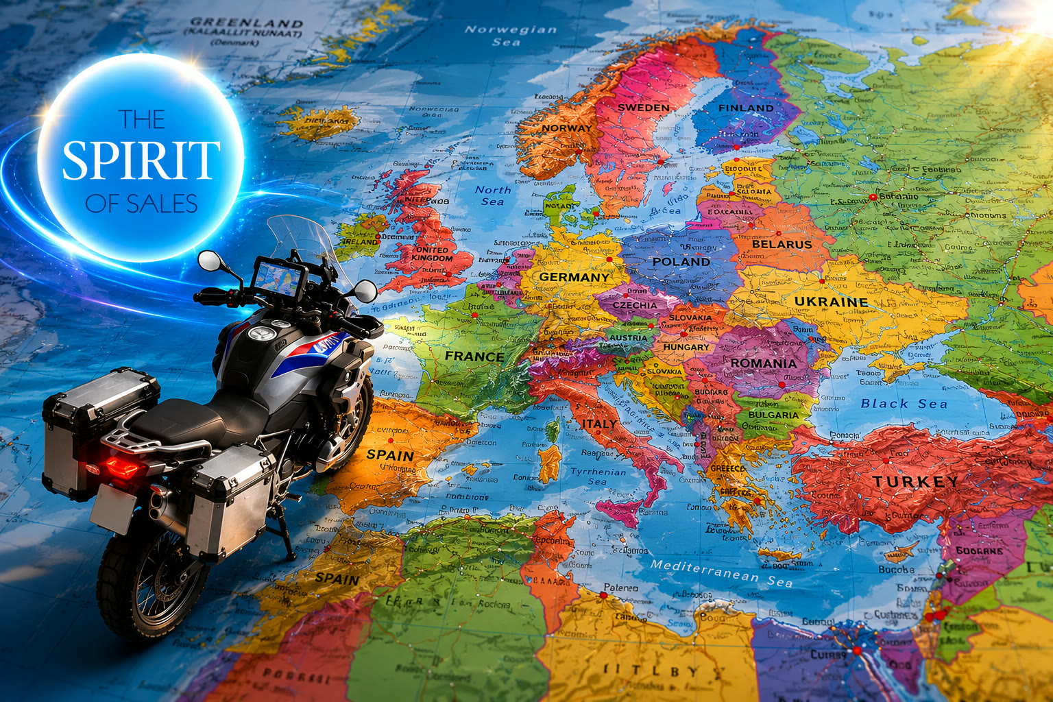 Adventure bike on Europe map